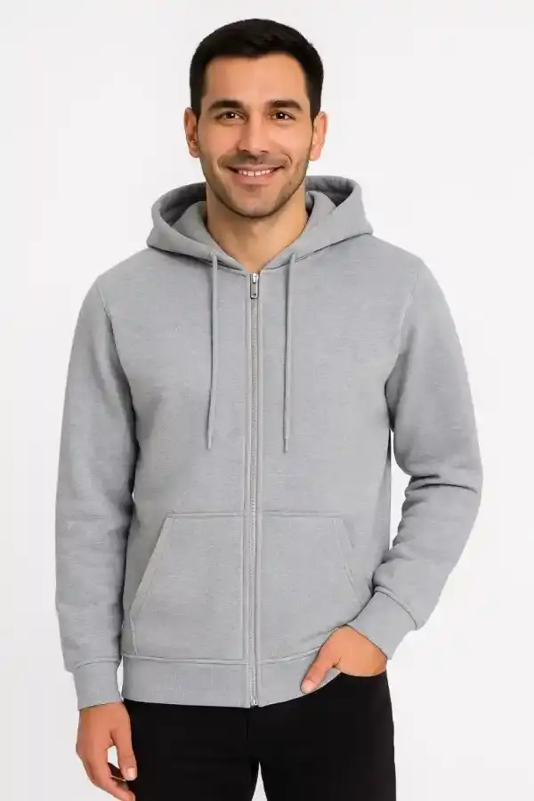 Erkek 3 İplik Pamuklu Kapüşonlu Tam Fermuarlı Cepli Hoodie Sweatshirt - Gri