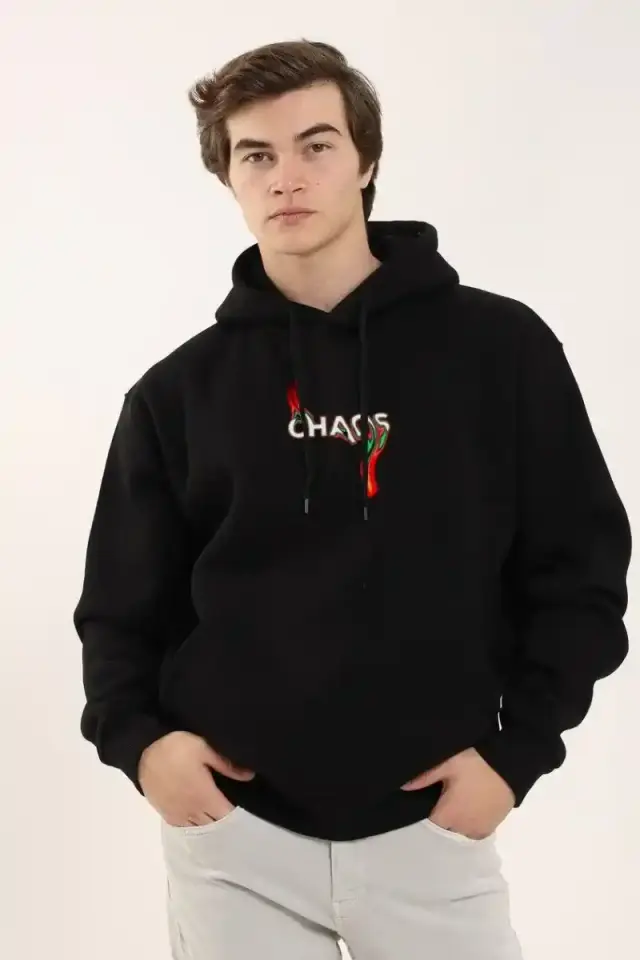 Erkek 3 İplik Pamuklu Kapüşonlu Baskılı Cepli Oversize Sweatshirt Hoodie - Siyah