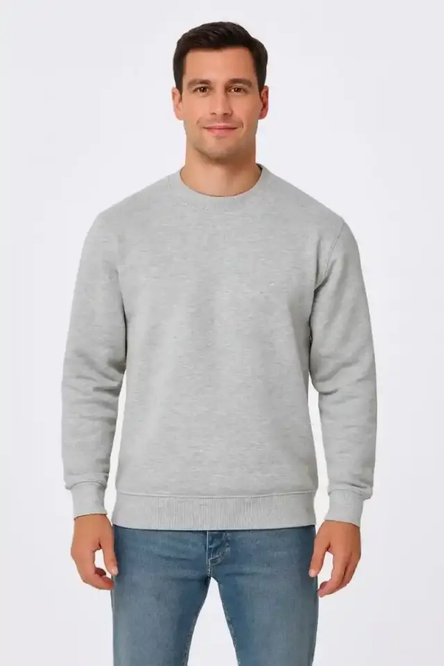 Erkek 3 İplik Pamuklu Düz Bisiklet Yaka SweatShirt - Gri