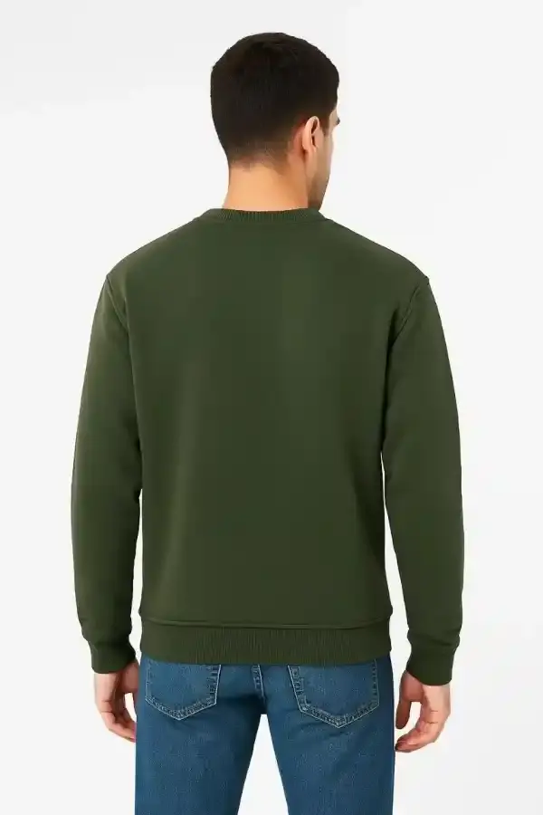 Erkek 3 İplik Pamuklu Düz Bisiklet Yaka SweatShirt - Haki