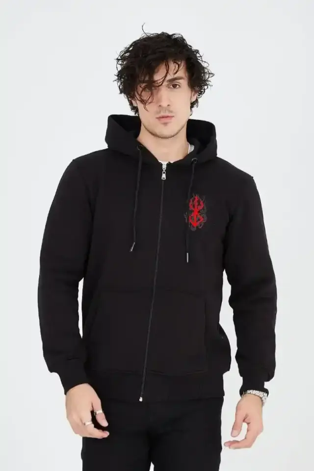 Erkek 3 İplik Pamuklu Kapüşonlu Tam Fermuarlı Cepli Hoodie Sweatshirt - Siyah
