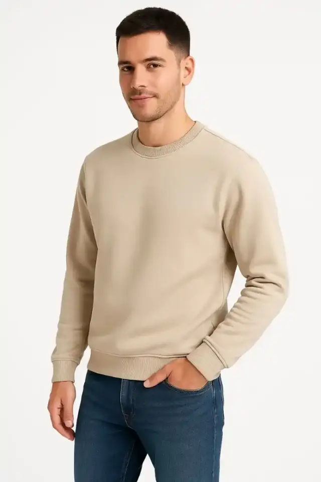 Erkek 3 İplik Pamuklu Düz Bisiklet Yaka SweatShirt - Bej