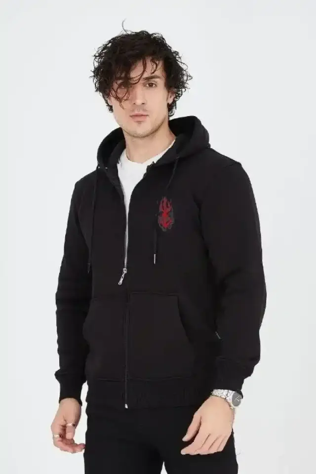 Erkek 3 İplik Pamuklu Kapüşonlu Tam Fermuarlı Cepli Hoodie Sweatshirt - Siyah