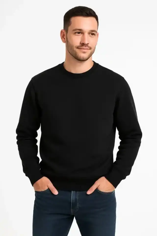 Erkek 3 İplik Pamuklu Düz Bisiklet Yaka SweatShirt - Siyah