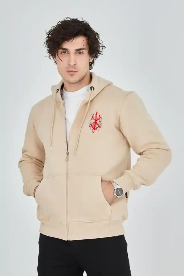 Erkek 3 İplik Pamuklu Kapüşonlu Tam Fermuarlı Cepli Hoodie Sweatshirt - Bej