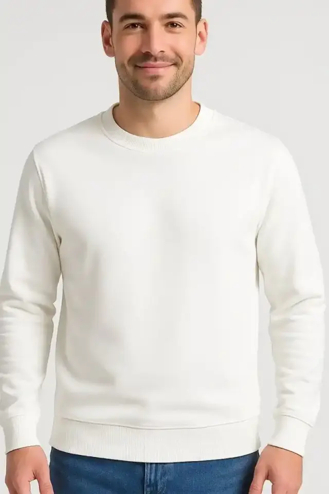 Erkek 3 İplik Pamuklu Düz Bisiklet Yaka SweatShirt - Beyaz