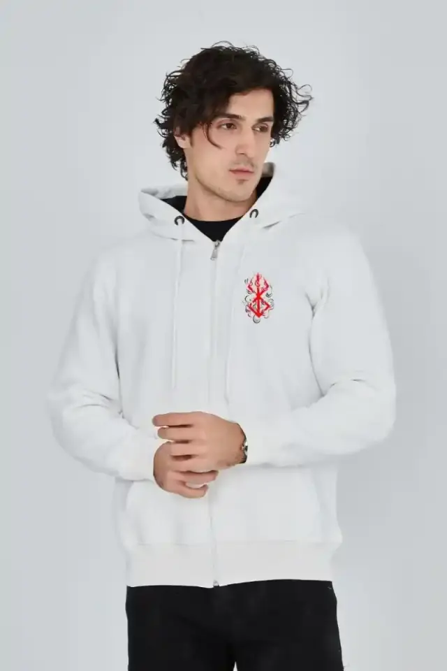 Erkek 3 İplik Pamuklu Kapüşonlu Tam Fermuarlı Cepli Hoodie Sweatshirt - Beyaz