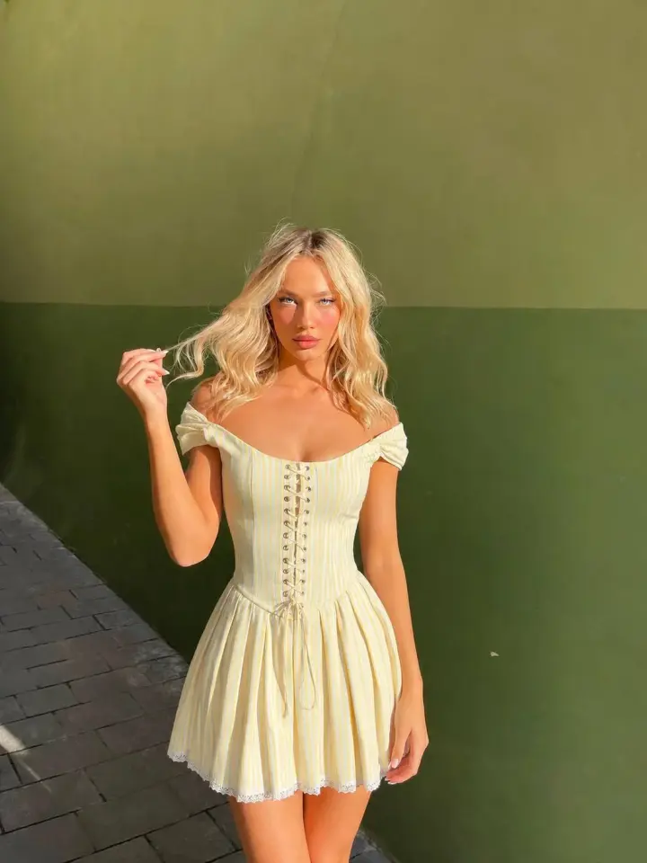 Morliva Çizgili Corset Elbise Sarı