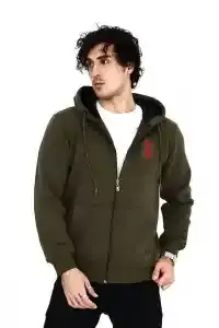Erkek 3 İplik Pamuklu Kapüşonlu Tam Fermuarlı Cepli Hoodie Sweatshirt - Haki