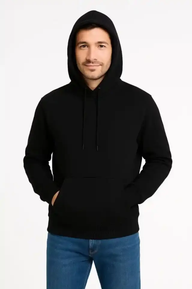 Erkek 3 İplik Pamuklu Kapüşonlu Kanguru Cepli SweatShirt hoodie - Siyah