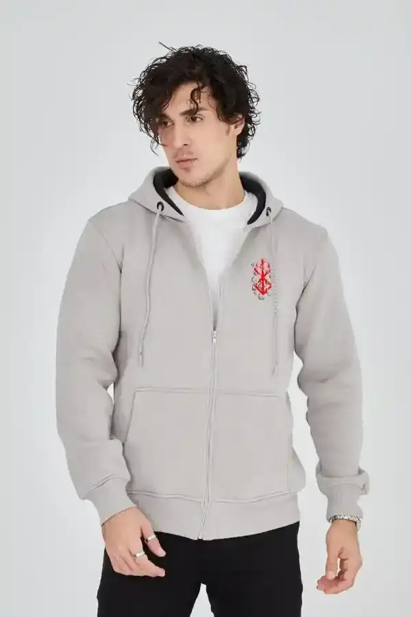 Erkek 3 İplik Pamuklu Kapüşonlu Tam Fermuarlı Cepli Hoodie Sweatshirt - Boyalı Gri