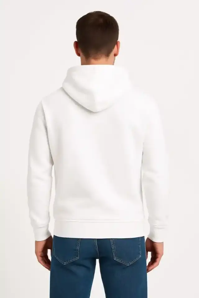 Erkek 3 İplik Pamuklu Kapüşonlu Kanguru Cepli SweatShirt hoodie - Beyaz