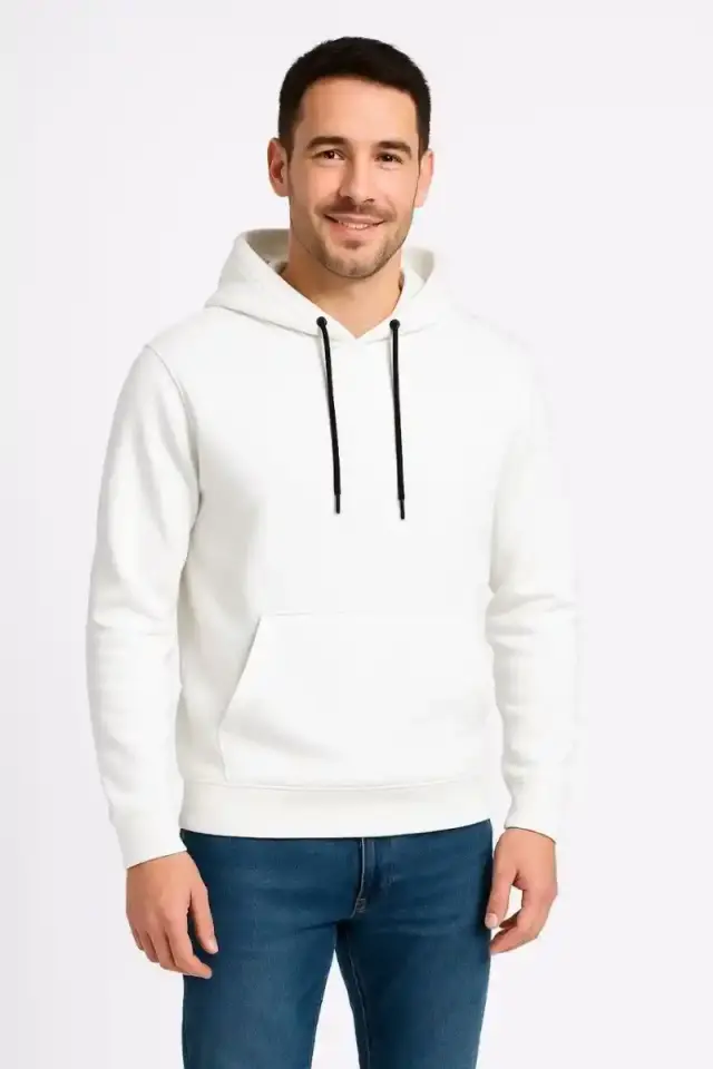 Erkek 3 İplik Pamuklu Kapüşonlu Kanguru Cepli SweatShirt hoodie - Beyaz