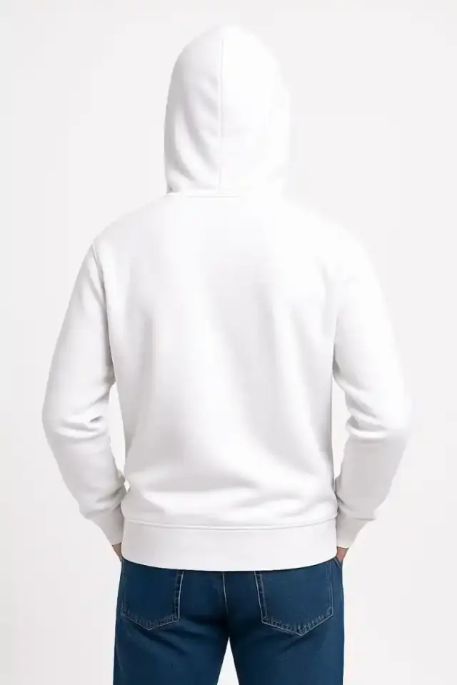 Erkek 3 İplik Pamuklu Kapüşonlu Kanguru Cepli SweatShirt hoodie - Beyaz