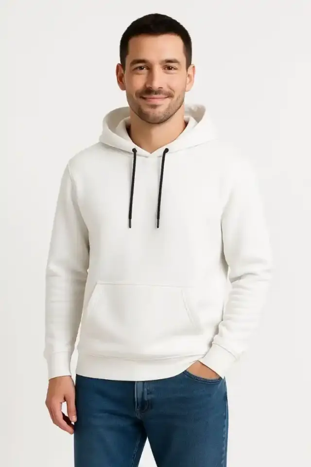 Erkek 3 İplik Pamuklu Kapüşonlu Kanguru Cepli SweatShirt hoodie - Beyaz