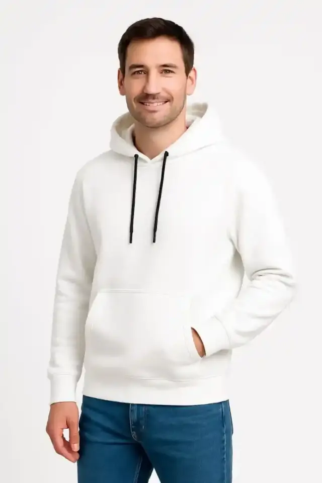 Erkek 3 İplik Pamuklu Kapüşonlu Kanguru Cepli SweatShirt hoodie - Beyaz