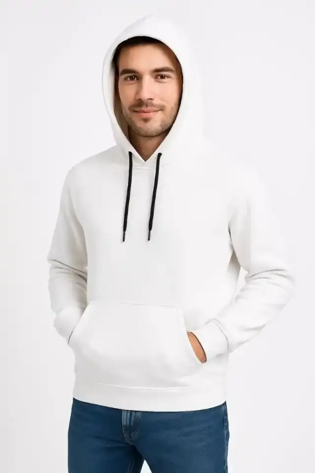 Erkek 3 İplik Pamuklu Kapüşonlu Kanguru Cepli SweatShirt hoodie - Beyaz