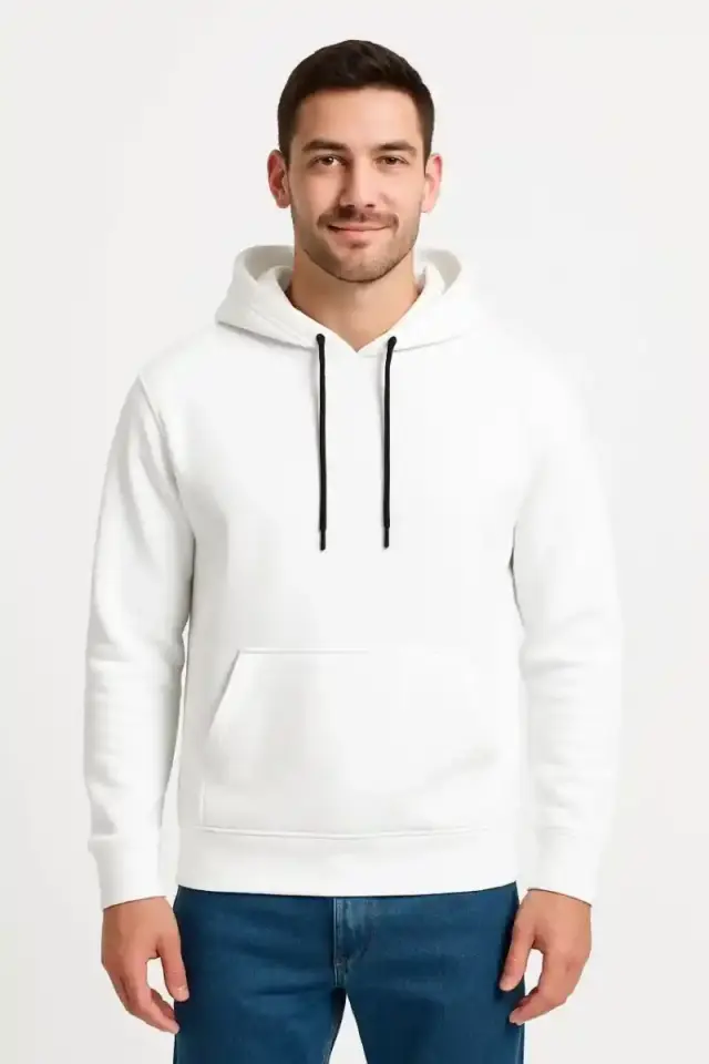 Erkek 3 İplik Pamuklu Kapüşonlu Kanguru Cepli SweatShirt hoodie - Beyaz