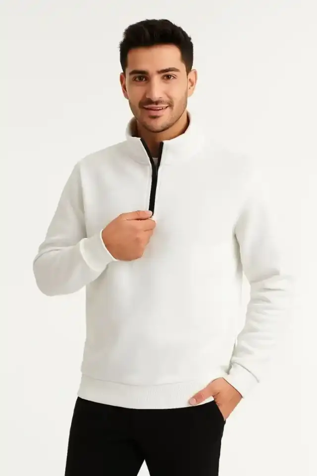 Erkek Dik Yaka Yarım Fermuarlı 3 İplik Pamuklu Sweatshirt - Beyaz