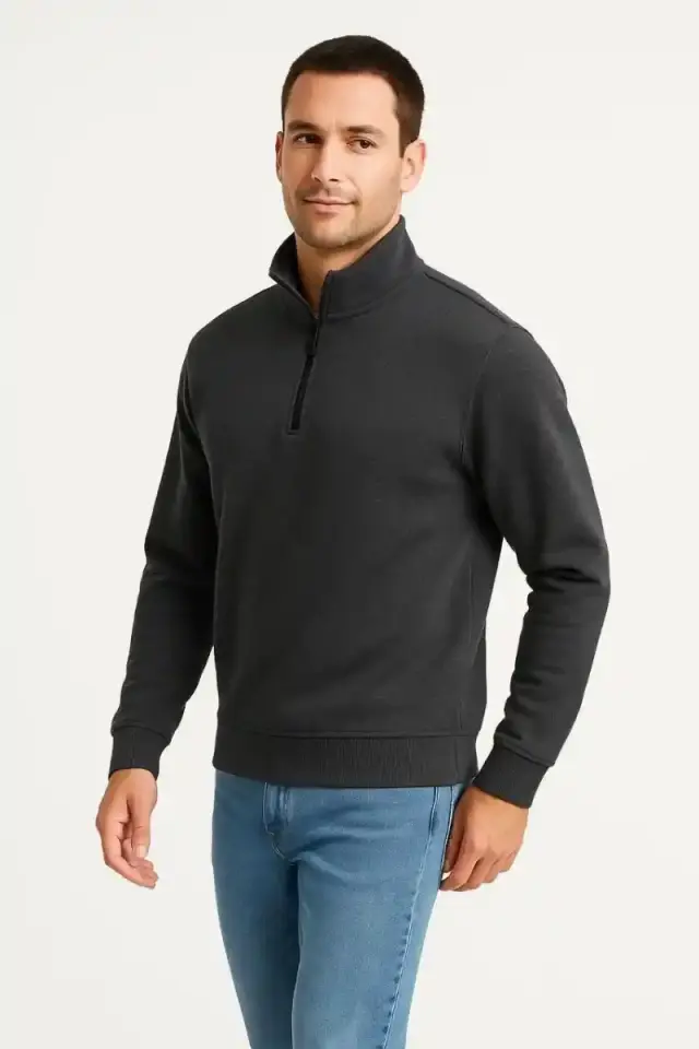 Erkek Dik Yaka Yarım Fermuarlı 3 İplik Pamuklu Sweatshirt - Antrasit
