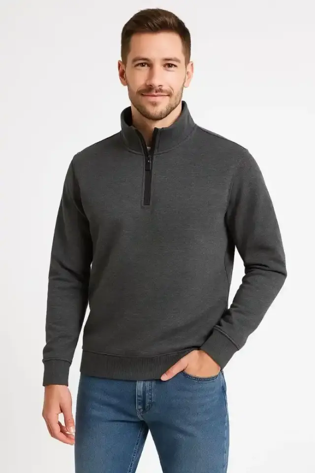 Erkek Dik Yaka Yarım Fermuarlı 3 İplik Pamuklu Sweatshirt - Antrasit