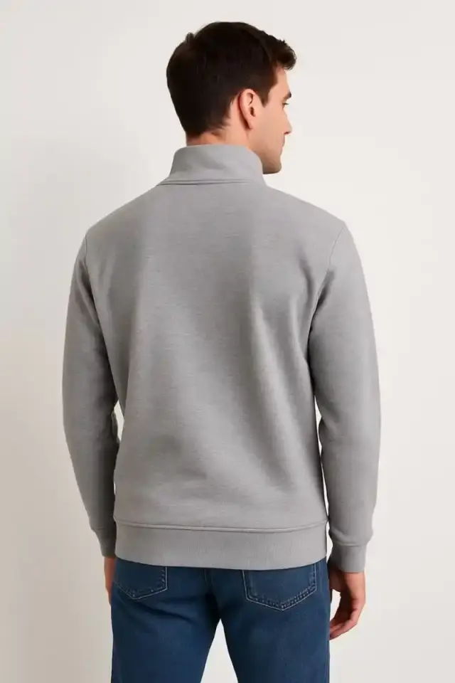 Erkek Dik Yaka Yarım Fermuarlı 3 İplik Pamuklu Sweatshirt - Gri