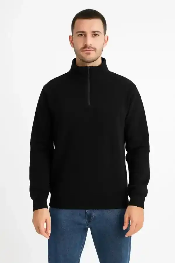 Erkek Dik Yaka Sweatshirt Dik Yaka Yarım Fermuarlı 3 İplik Pamuk Kumaş - Siyah