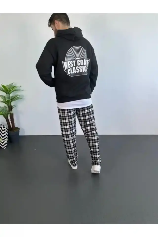 Erkek 3 İplik Pamuklu Kapüşonlu Baskılı Cepli Oversize Sweatshirt Hoodie - Siyah