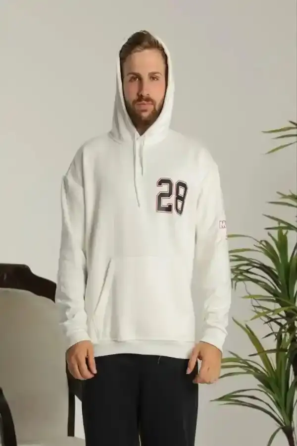 Erkek 3 İplik Pamuklu Kapüşonlu Baskılı Cepli Oversize Sweatshirt Hoodie - Beyaz