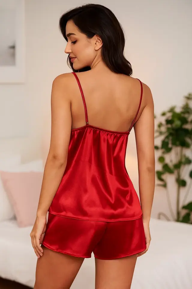 Kadın Kırmızı Dantel Detaylı Saten İkili Pijama Takımı