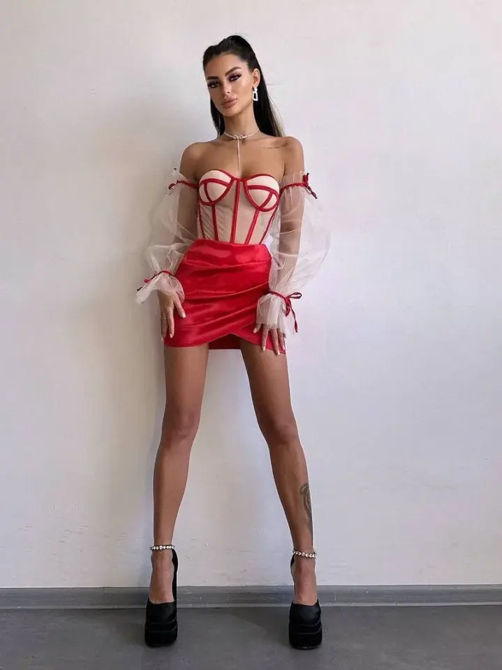 Saten Büstiyer & Etek Set Kırmızı