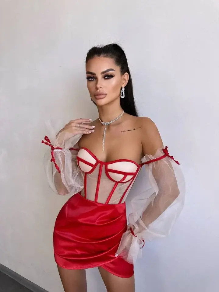 Saten Büstiyer & Etek Set Kırmızı