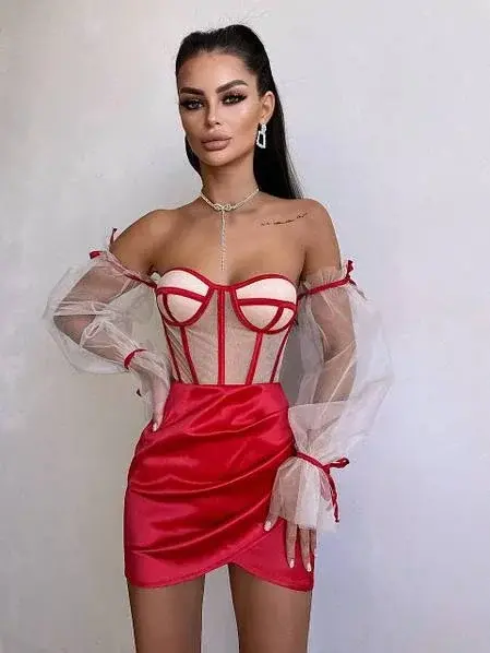 Saten Büstiyer & Etek Set Kırmızı