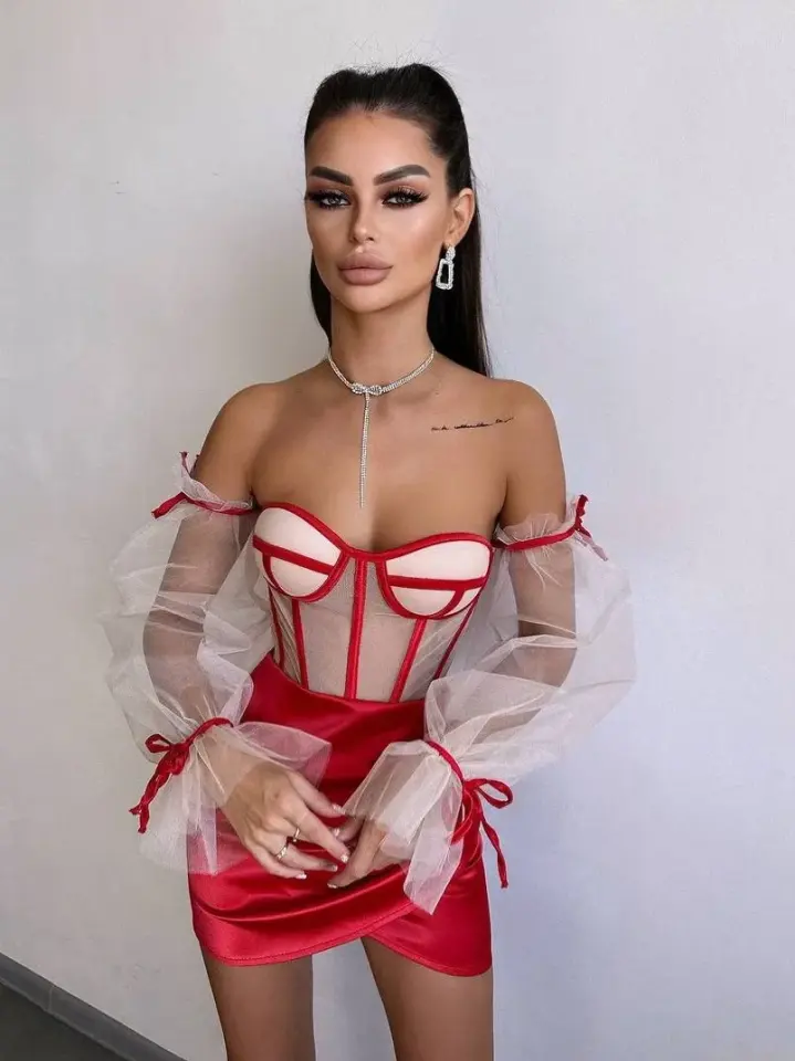 Saten Büstiyer & Etek Set Kırmızı