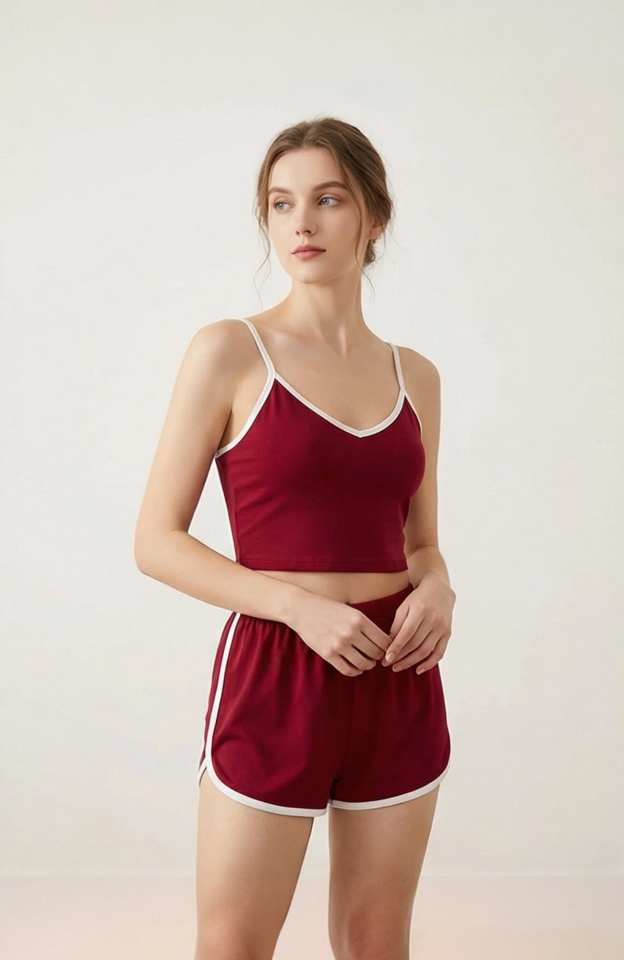 Kadın Bordo Askılı Crop Top ve Şortlu Gecelik Takım – Modern, Konforlu ve Günlük Kombinlere Uygun