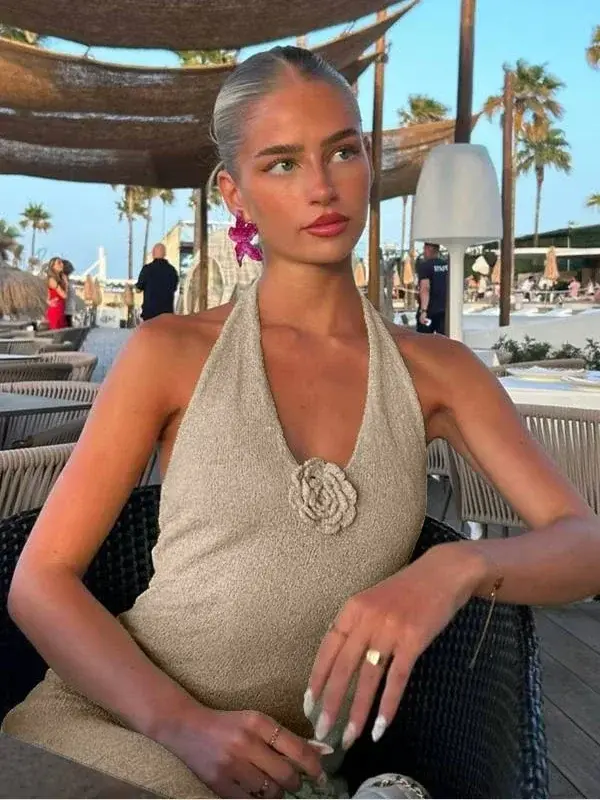 Samira Yırtmaçlı Triko Elbise Bej