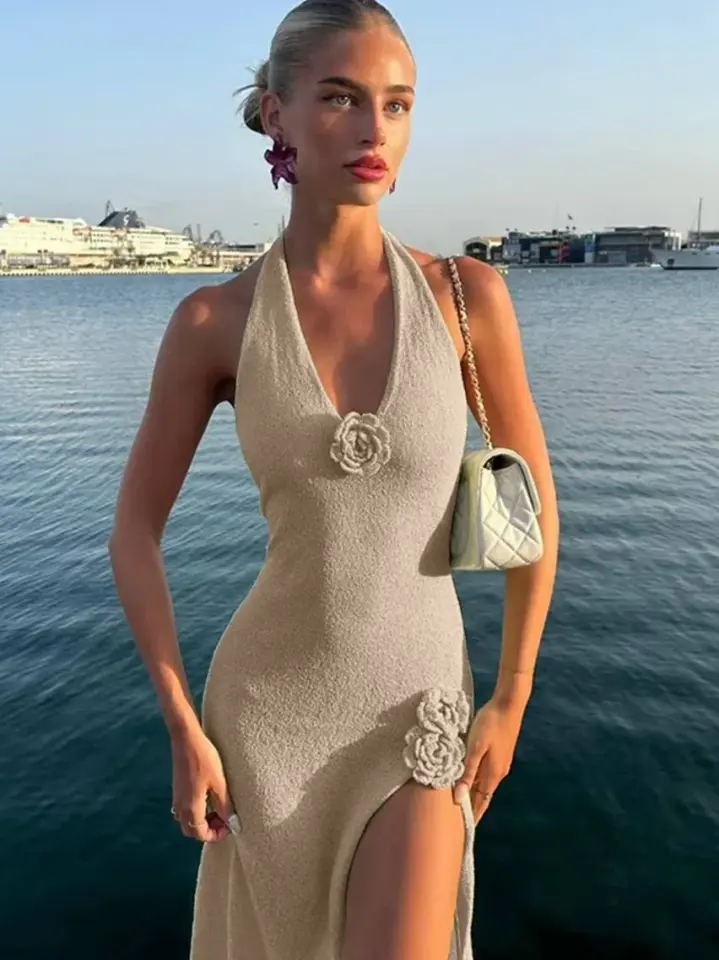 Samira Yırtmaçlı Triko Elbise Bej