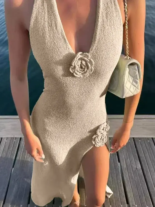Samira Yırtmaçlı Triko Elbise Bej