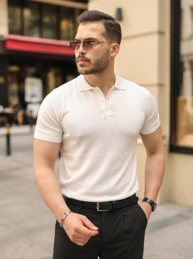Erkek Düğmeli Yaka Pamuk Triko Tişört