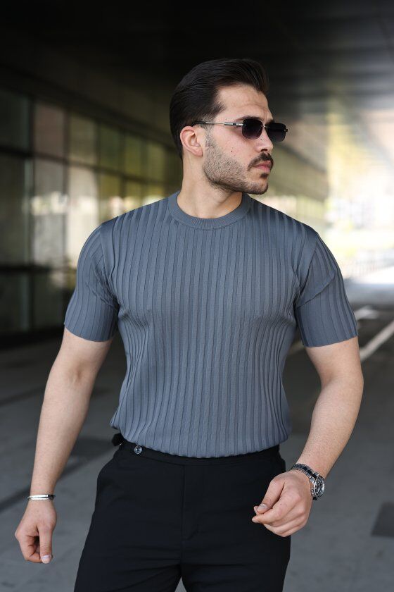 Erkek Fitilli Bisiklet Yaka Kısa Kollu Tişört