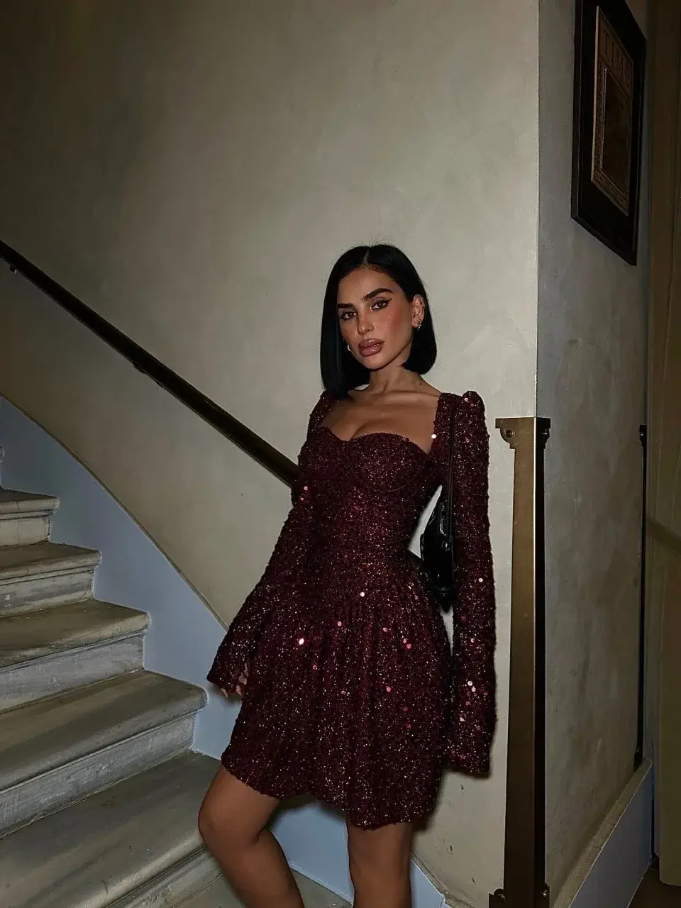 Payet Gloplu Uzun Kol Elbise Bordo