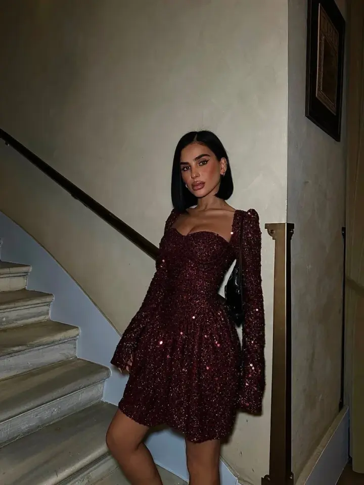 Payet Gloplu Uzun Kol Elbise Bordo