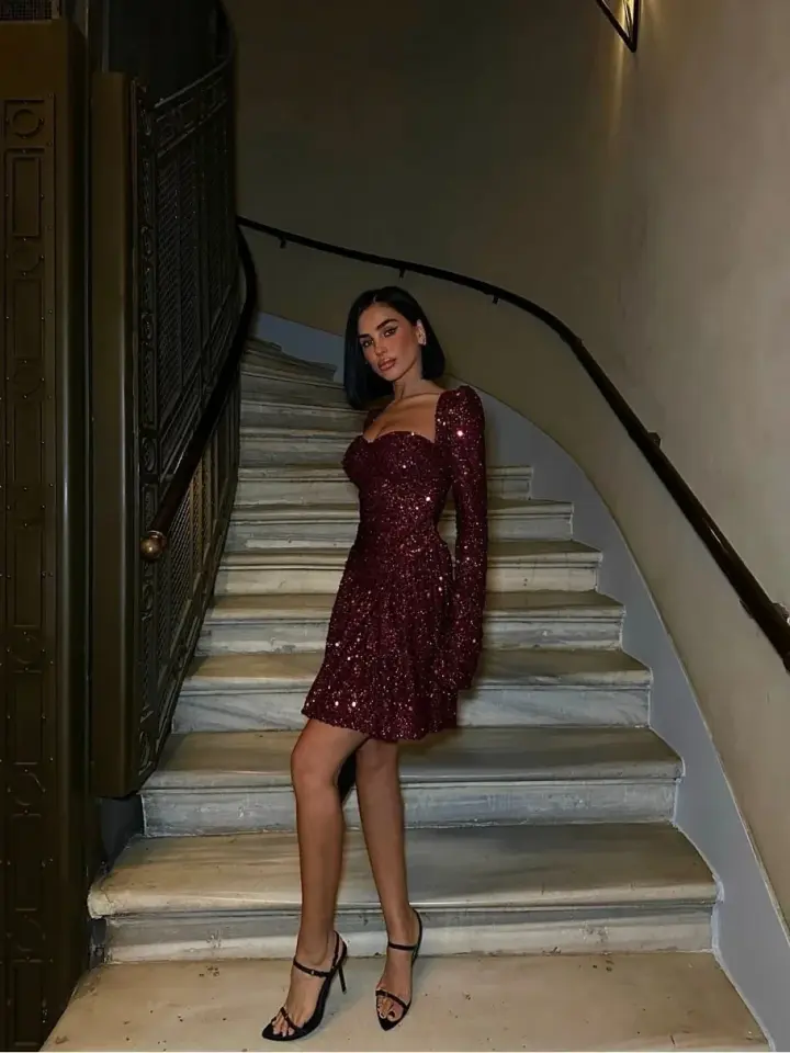 Payet Gloplu Uzun Kol Elbise Bordo