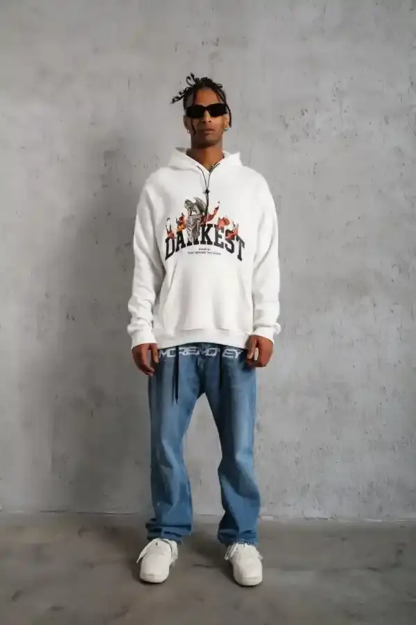 Erkek 3 İplik Pamuklu Kapüşonlu Baskılı Cepli Oversize Sweatshirt Hoodie - Beyaz