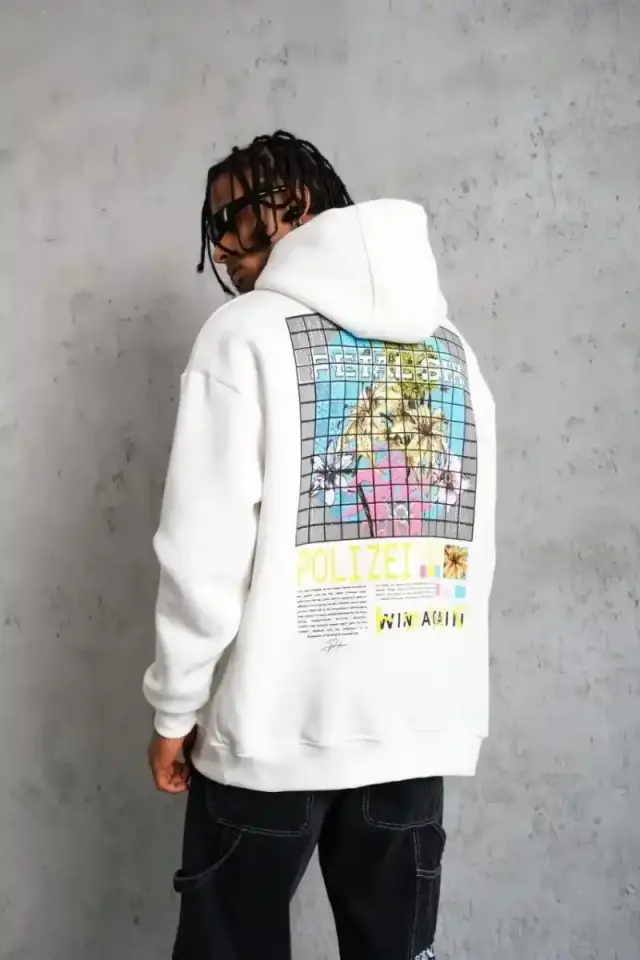 Erkek 3 İplik Pamuklu Kapüşonlu Baskılı Cepli Oversize Sweatshirt Hoodie - Beyaz