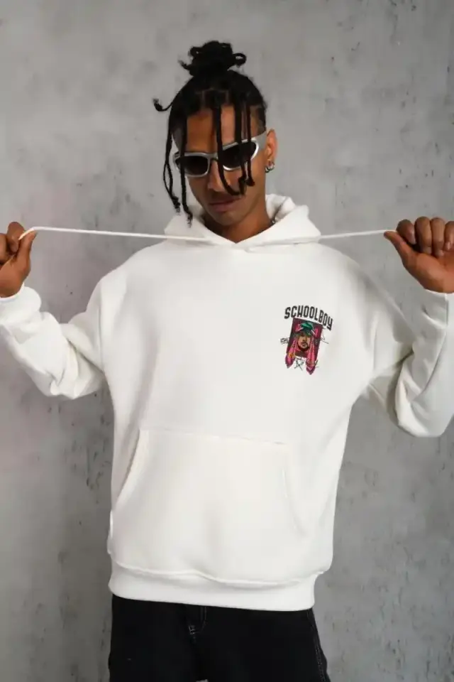 Erkek 3 İplik Pamuklu Kapüşonlu Baskılı Cepli Oversize Sweatshirt Hoodie - Beyaz