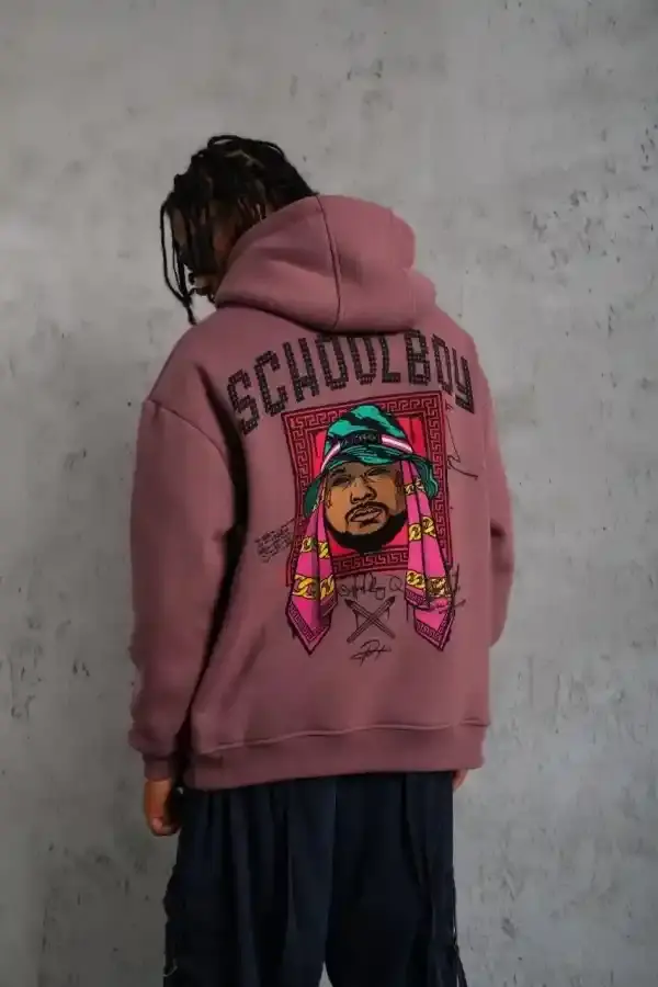 Erkek 3 İplik Pamuklu Kapüşonlu Baskılı Cepli Oversize Sweatshirt Hoodie - Gül Kurusu