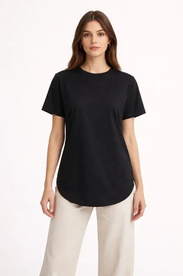 Basic T-Shirt Kısa Kol Bisiklet Yaka Oval Kesim Tişört - Siyah