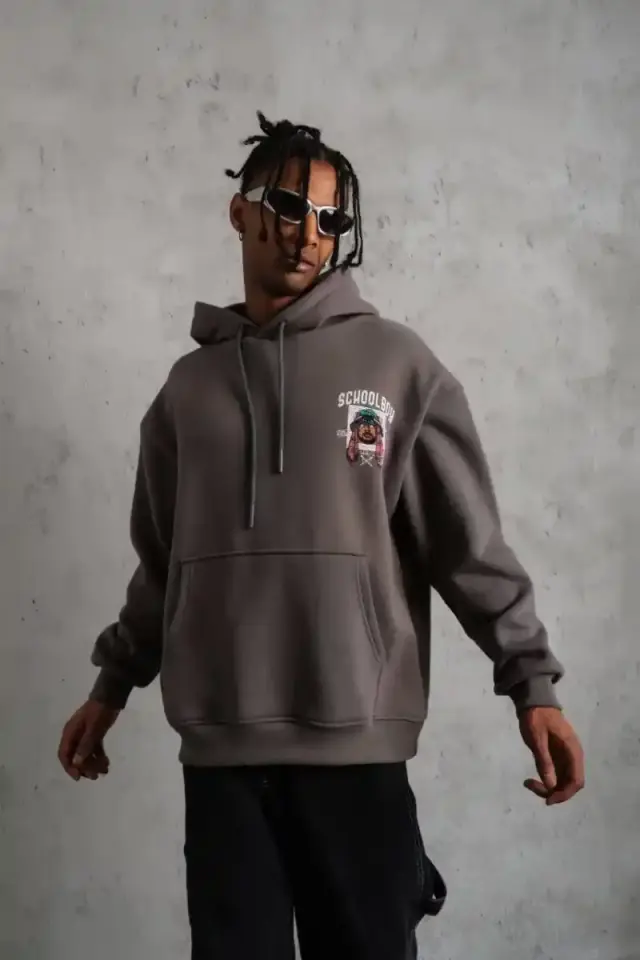 Erkek 3 İplik Pamuklu Kapüşonlu Baskılı Cepli Oversize Sweatshirt Hoodie - Gri