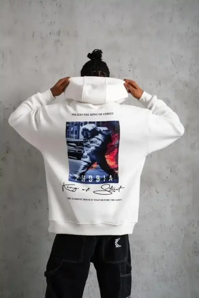 Erkek 3 İplik Pamuklu Kapüşonlu Baskılı Cepli Oversize Sweatshirt Hoodie - Beyaz